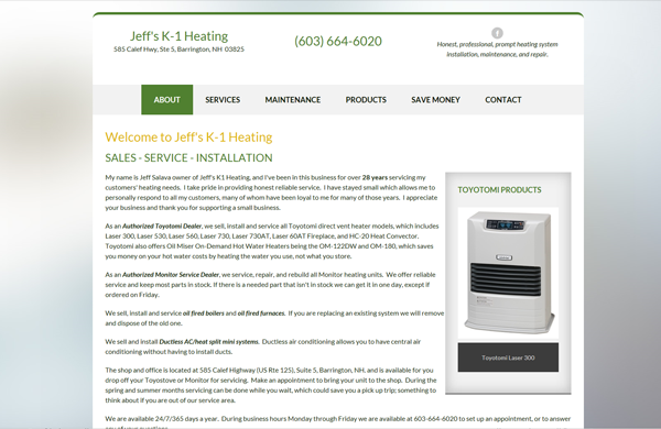Jeff's K1 Heating CMS-enabled website